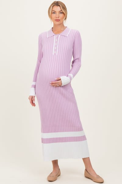 PinkBlush Lavender Ribbed Knit Colorblock Polo Maternity Maxi Dress