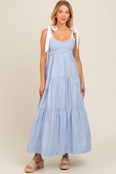 lala von Light Blue Contrast Shoulder Straps Maxi Dress