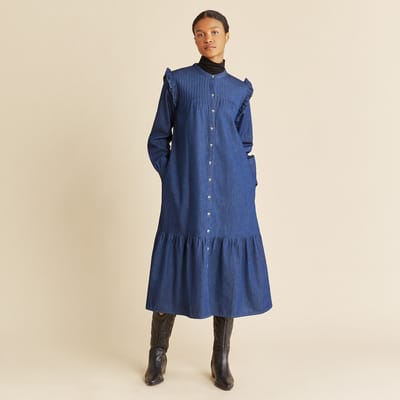 For The Creators Denim Ruffle Shoulder Dress