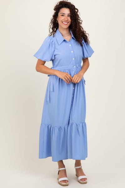 Entro Light Blue Puff Sleeve Side Tie Midi Shirt Dress