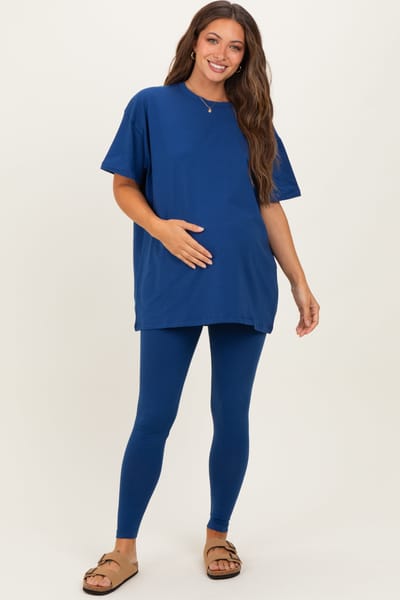 Zenana Outfitters Navy Oversized Crewneck Short Sleeve and Legging Maternity Set