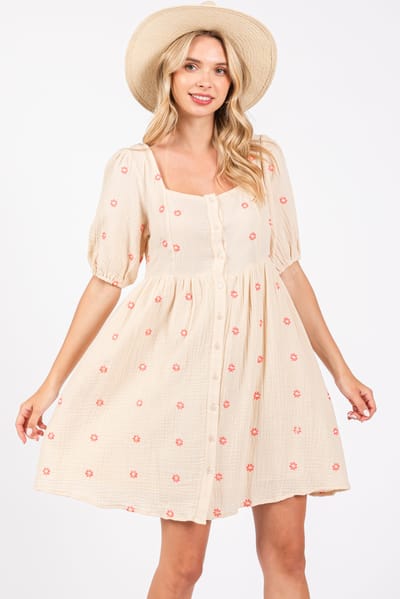 BaeVely Beige Floral Embroidered Button Front Short Sleeve Dress