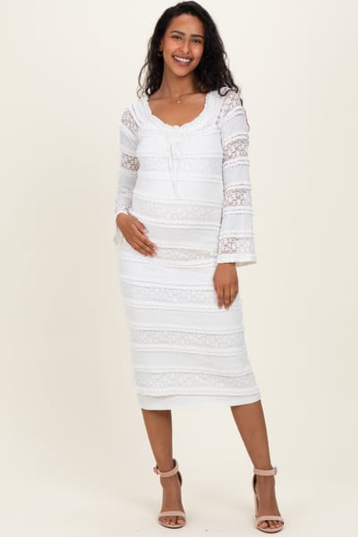 Mustard Seed White Lace Ruffle Tiered Off Shoulder Maternity Midi Dress