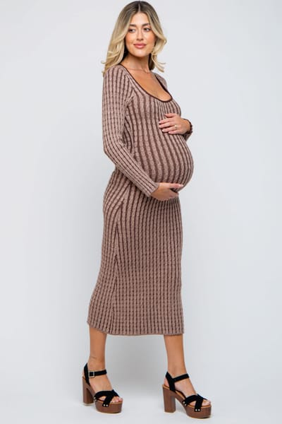 PinkBlush Brown Cable Knit Maternity Fitted Midi Dress