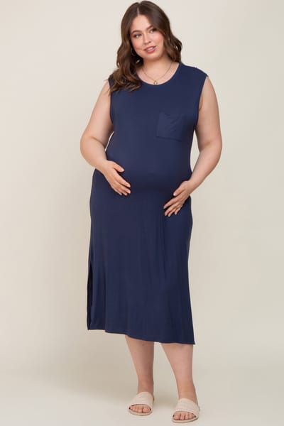 Sweet Lovely Navy Sleeveless Front Pocket Maternity Plus Midi Dress
