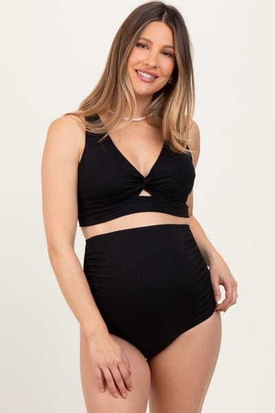 Charmo Black Ribbed Twist Cutout Front Maternity Swim Set