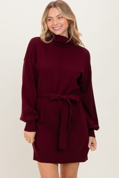 Mine and E&M Burgundy Turtleneck Belted Mini Sweater Dress