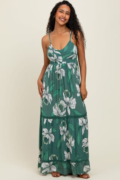 Angie Green Floral V-Neck Smocked Lace Trim Maxi Dress