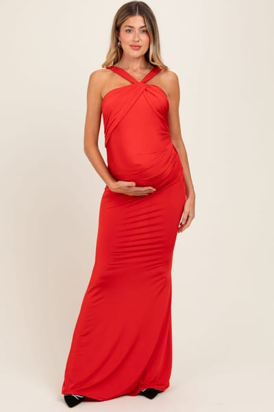 PinkBlush Red Twist Front Ruched Maternity Maxi Dress