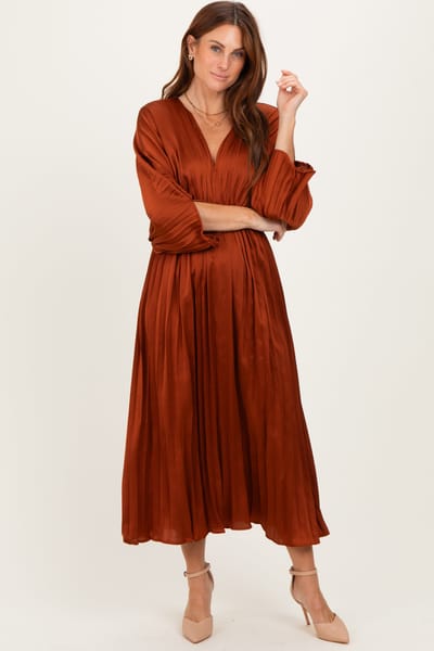 Dress Day Brown Satin Pleated V-Neck Maxi Dress