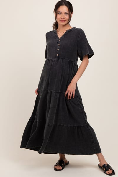 Tea N Rose Black Button Front Tiered Maternity Maxi Dress