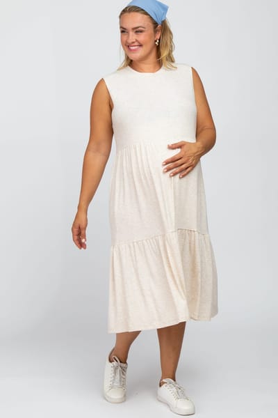 PinkBlush Beige Ribbed Sleeveless Plus Maternity Midi Dress