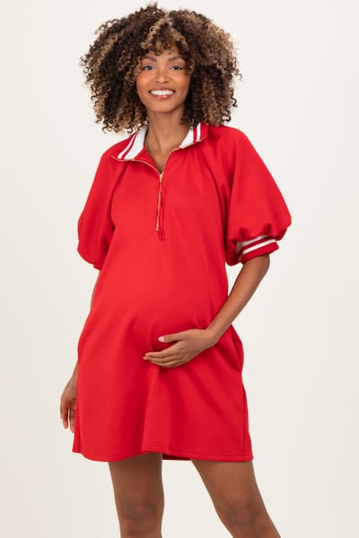 PinkBlush Red Half Zip Puff Sleeve Maternity Mini Dress