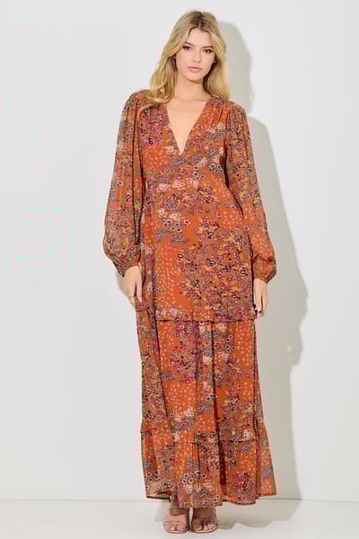 BaeVely Orange Floral Chiffon V-Neck Long Sleeve Maxi Dress