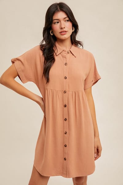 Rhea + Thea Peach Dolman Sleeve Linen Shirt Dress