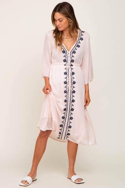 I Joah Light Pink Floral Embroidered 3/4 Sleeve Midi Dress