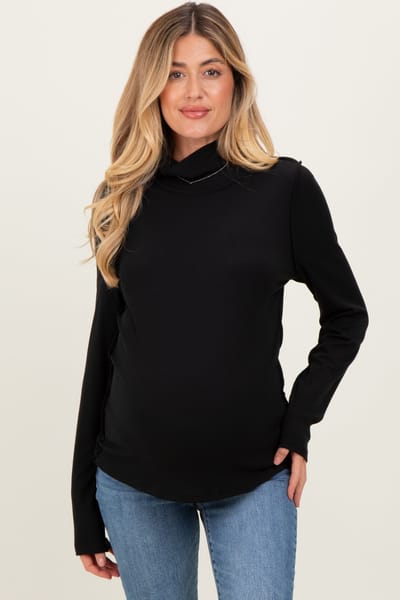 PinkBlush Black Solid Long Sleeve Ribbed Turtle Neck Maternity Top