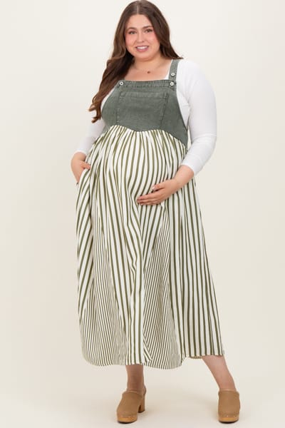 PinkBlush Olive Striped Colorblock Denim Contrast Maternity Plus Maxi Dress