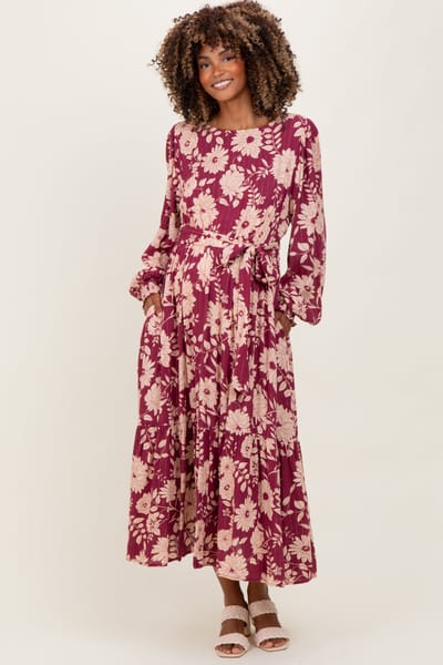 PinkBlush Burgundy Floral Striped Long Sleeve Maternity Midi Dress