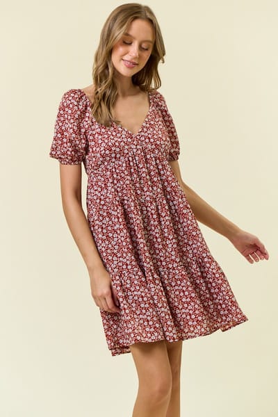 Doe & Rae Rust Floral Tiered V-Neck Mini Dress