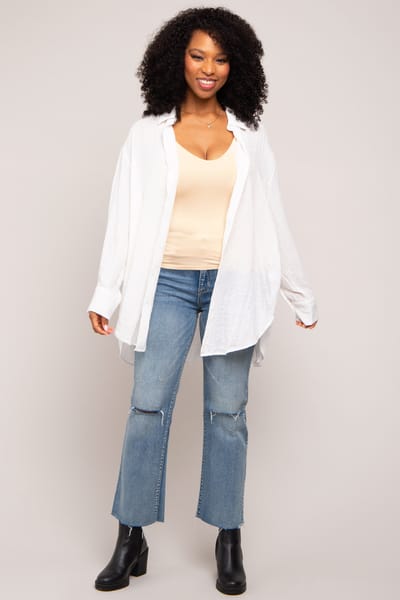 Miss Love Ivory Lightweight Sheer Button Down Blouse