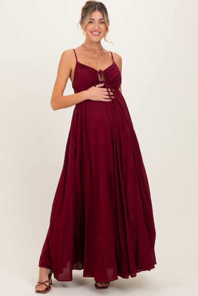 Camellia Burgundy Gathered Tie Front Maternity Maxi Dress