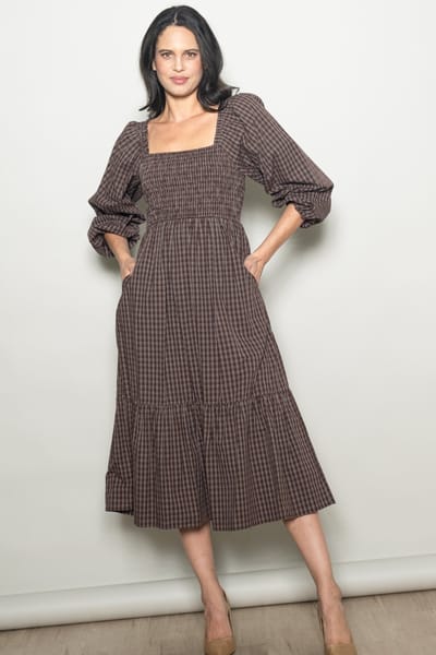 Elloh Brown Plaid Smocked Puff Sleeve Midi Dress