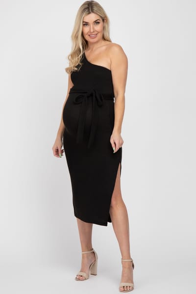Hello Miz Black Ribbed One Shoulder Side Slit Maternity Midi Dress