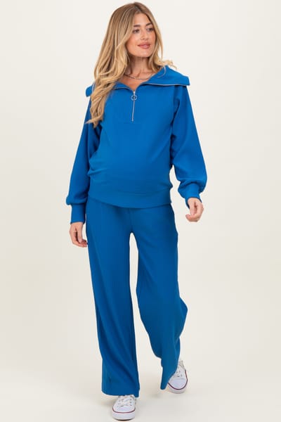 PinkBlush Blue Ribbed High Neck Half Zip Pullover Maternity Pant Set