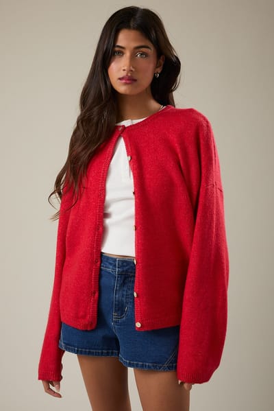 Le Lis Red Classic Crew Neck Button Cardigan