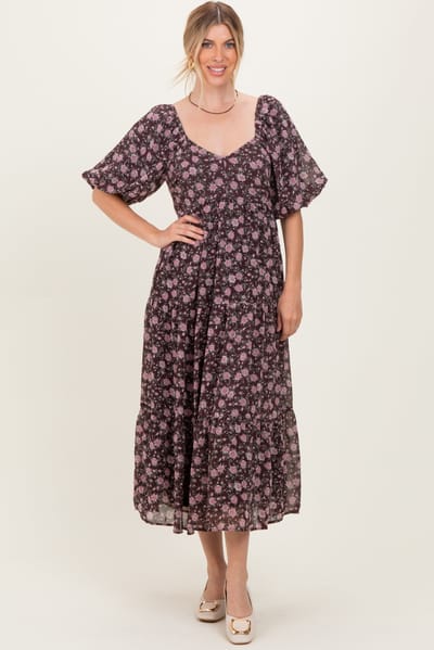 BaeVely Brown Floral Sweetheart Neckline Puff Sleeve Maxi Dress