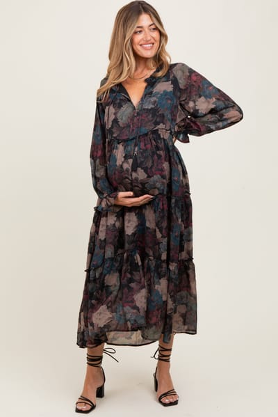 Promesa Black Floral Chiffon Ruffle Tiered Maternity Midi Dress