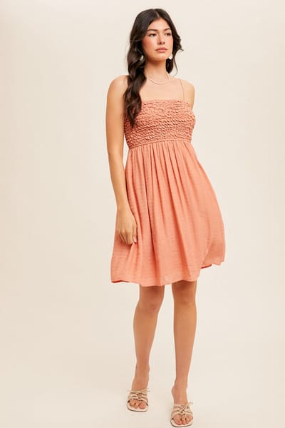 Hem & Thread Salmon Textured Smocked Dress