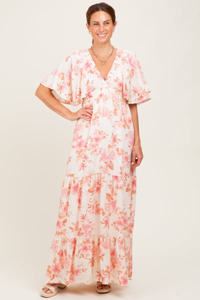 Rhea + Thea Pink Floral Satin Short Sleeve Deep V-Neck Tiered Maxi Dress