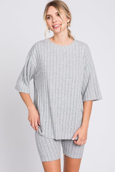 Charmo Heather Grey Ribbed Soft Short Sleeve Shorts Set