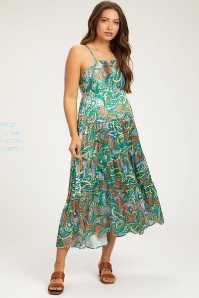 TCEC Green Satin Square Neck Ruffle Tiered Maternity Midi Dress