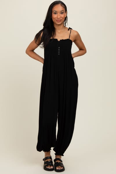 Bluivy Black Smocked Button Front Shoulder Tie Jumpsuit