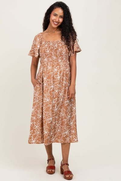 PinkBlush Mocha Floral Print Smocked Maternity Midi Dress