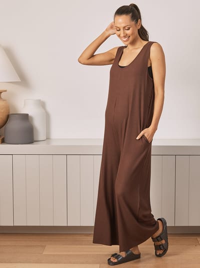 Angel Maternity Marion Maternity Ribbed Jumpsuit in Chocolate