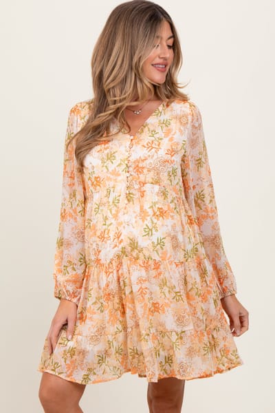PinkBlush Orange Floral Chiffon Babydoll Long Sleeve Maternity Dress