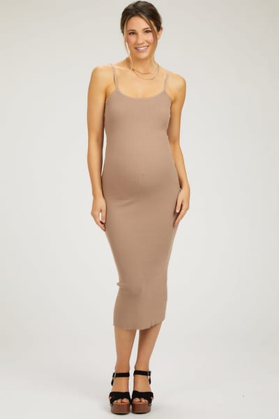 PinkBlush Mocha Ribbed Sleeveless Fitted Maternity Dress
