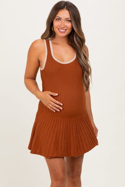 PinkBlush Rust Sleeveless Ribbed Flare Maternity Dress