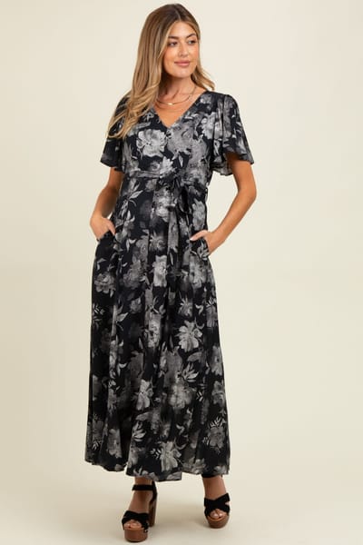 PinkBlush Black Multi Floral Flutter Sleeve Maternity Maxi Dress