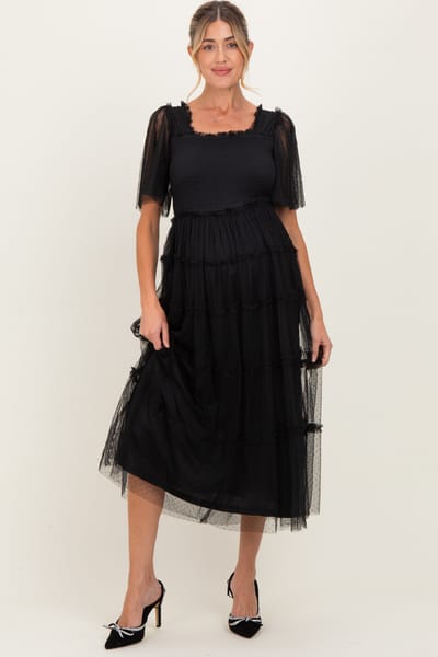 Dress Day Black Ruffled Mesh Maternity Maxi Dress