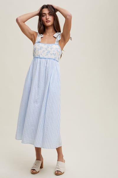 Wishlist Light Blue Floral Contrast Stripe Shoulder Tie Midi Dress