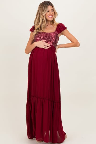 PinkBlush Burgundy Chiffon Sequin Bodice Maternity Maxi Dress