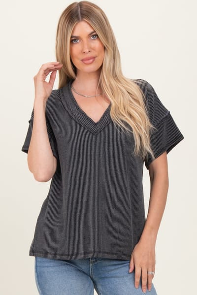 Rhea + Thea Charcoal Ribbed Short Sleeve V-Neck Reverse Stitch Top