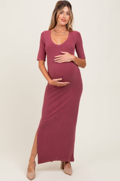 Be Cool Mauve Ruched Short Sleeve Side Slit Maternity Midi Dress