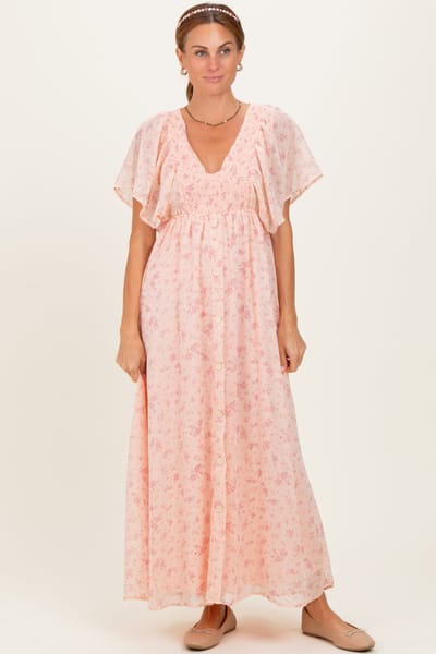 Rhea + Thea Light Pink Floral Chiffon Short Sleeve V-Neck Smocked Top Maxi Dress