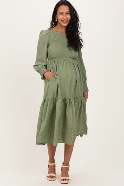 PinkBlush Olive Textured Stripe Smocked Maternity Midi Dress